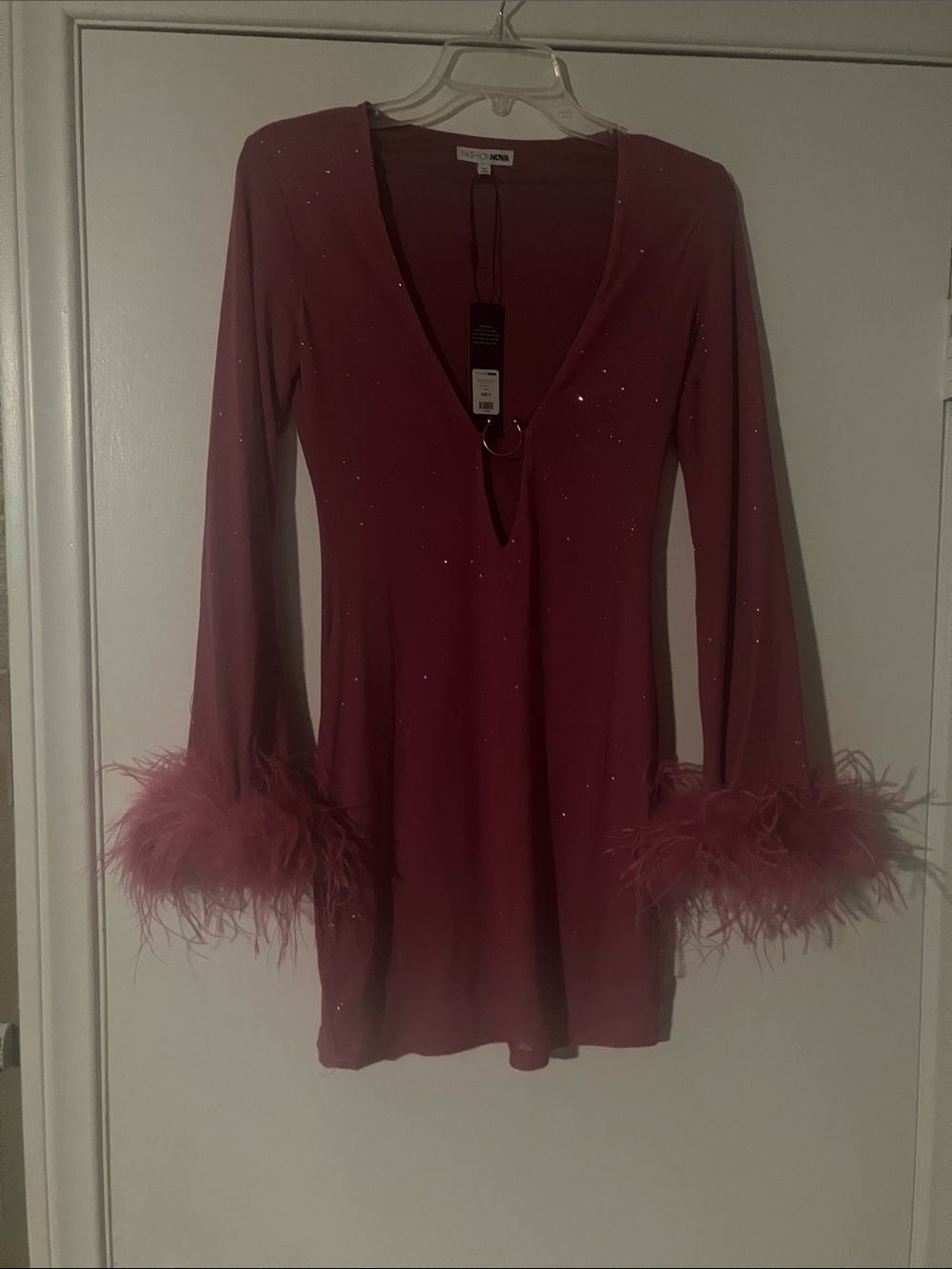 Hot pink with shimmer and  Feather CuffsDeep V Long Sleeve mini dress NWT